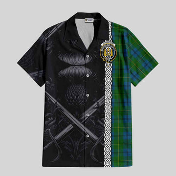 Tartan Vibes Clothing Johnstone (Johnston) Tartan Short Sleeve Button Shirt with Family Crest Cross Sword Thistle Celtic Vibes