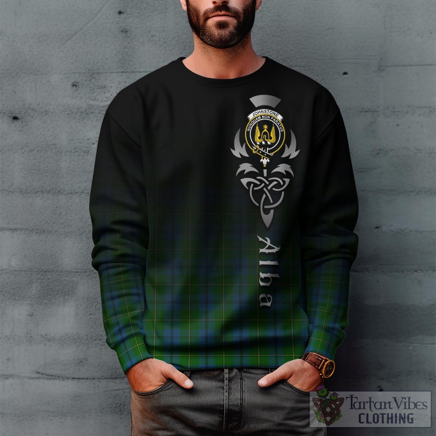 Tartan Vibes Clothing Johnstone-Johnston Tartan Sweatshirt Featuring Alba Gu Brath Family Crest Celtic Inspired