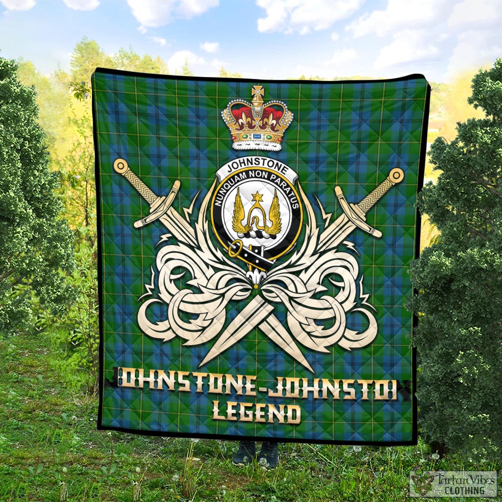 Tartan Vibes Clothing Johnstone-Johnston Tartan Quilt with Clan Crest and the Golden Sword of Courageous Legacy