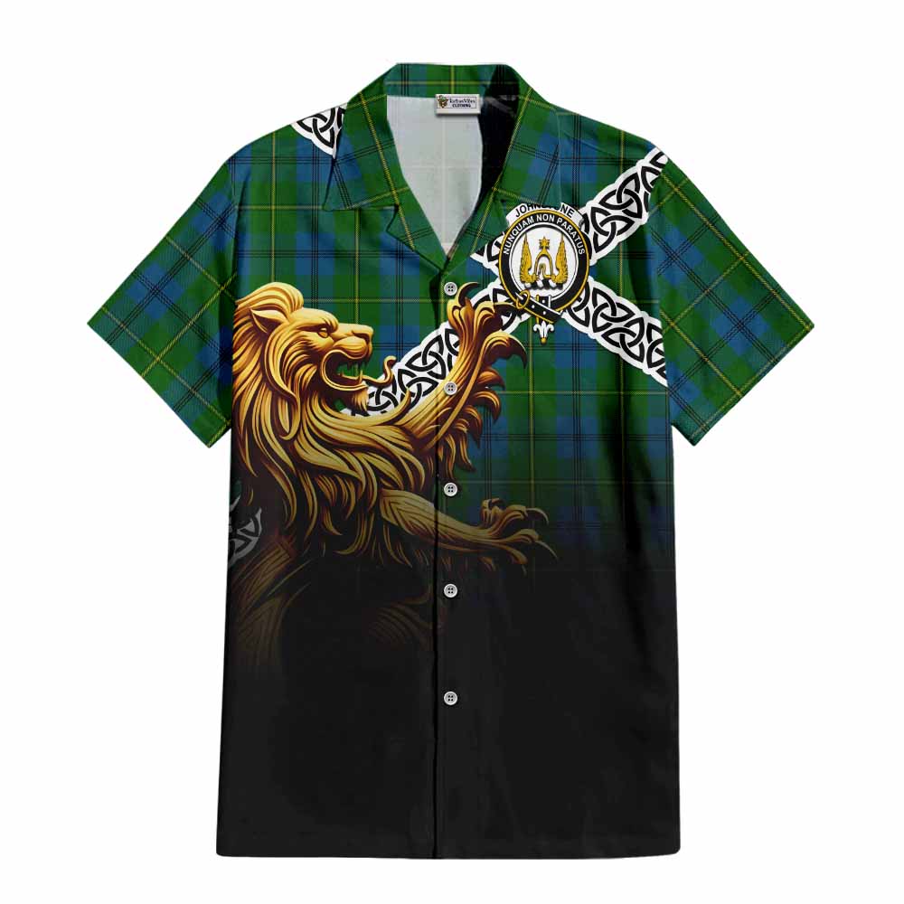 Tartan Vibes Clothing Johnstone (Johnston) Crest Tartan Short Sleeve Button Shirt with Golden Lion Emblem Celtic Style
