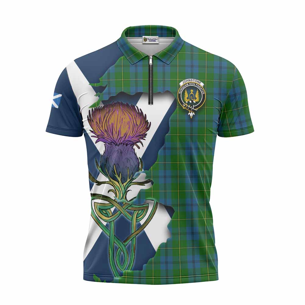 Tartan Vibes Clothing Johnstone (Johnston) Tartan Family Crest Zipper Polo Shirt Scottish Thistle Celtic Inspired
