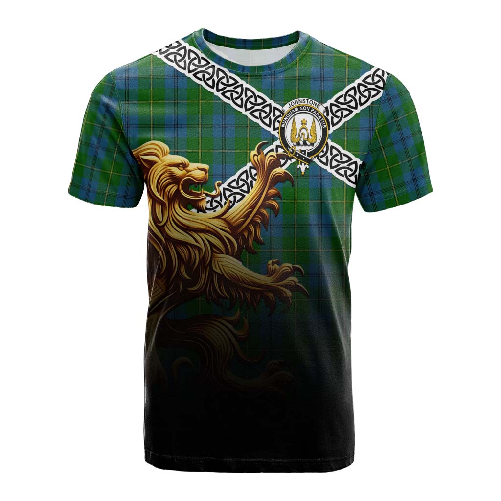 Tartan Vibes Clothing Johnstone (Johnston) Crest Tartan Cotton T-shirt with Golden Lion Emblem Celtic Style