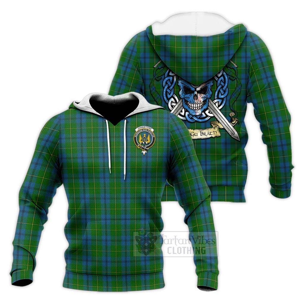 Tartan Vibes Clothing Johnstone (Johnston) Tartan Knitted Hoodie with Family Crest Celtic Skull Style