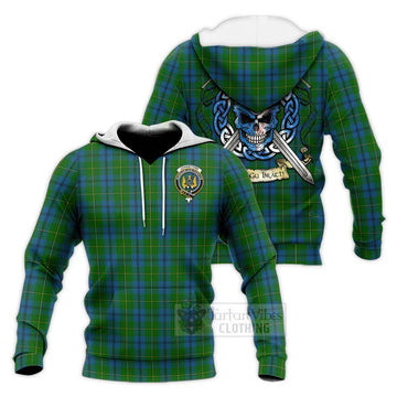 Tartan Vibes Clothing Johnstone (Johnston) Tartan Knitted Hoodie with Family Crest Celtic Skull Style