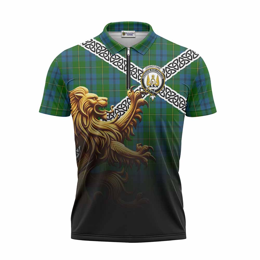Tartan Vibes Clothing Johnstone (Johnston) Crest Tartan Zipper Polo Shirt with Golden Lion Emblem Celtic Style