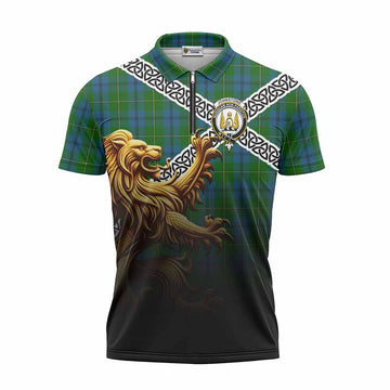 Johnstone (Johnston) Crest Tartan Zipper Polo Shirt with Golden Lion Emblem Celtic Style