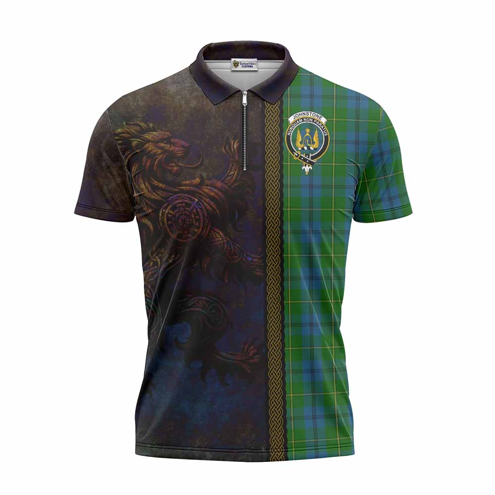 Tartan Vibes Clothing Johnstone (Johnston) Tartan Family Crest Zipper Polo Shirt Alba Gu Brath Be Brave Lion Ancient Style