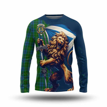 Tartan Vibes Clothing Johnstone (Johnston) Tartan Family Crest Long Sleeve T-Shirt with Scottish Majestic Lion