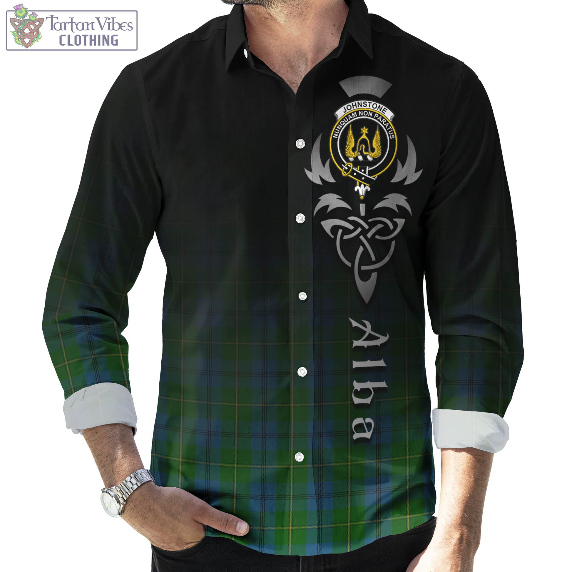 Tartan Vibes Clothing Johnstone-Johnston Tartan Long Sleeve Button Up Featuring Alba Gu Brath Family Crest Celtic Inspired