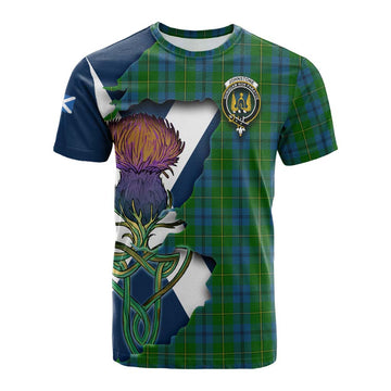 Tartan Vibes Clothing Johnstone (Johnston) Tartan Family Crest Cotton T-shirt Scottish Thistle Celtic Inspired