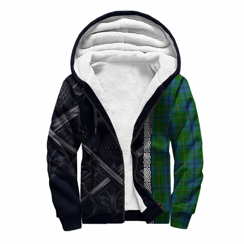 Tartan Vibes Clothing Johnstone (Johnston) Tartan Sherpa Hoodie with Family Crest Cross Sword Thistle Celtic Vibes