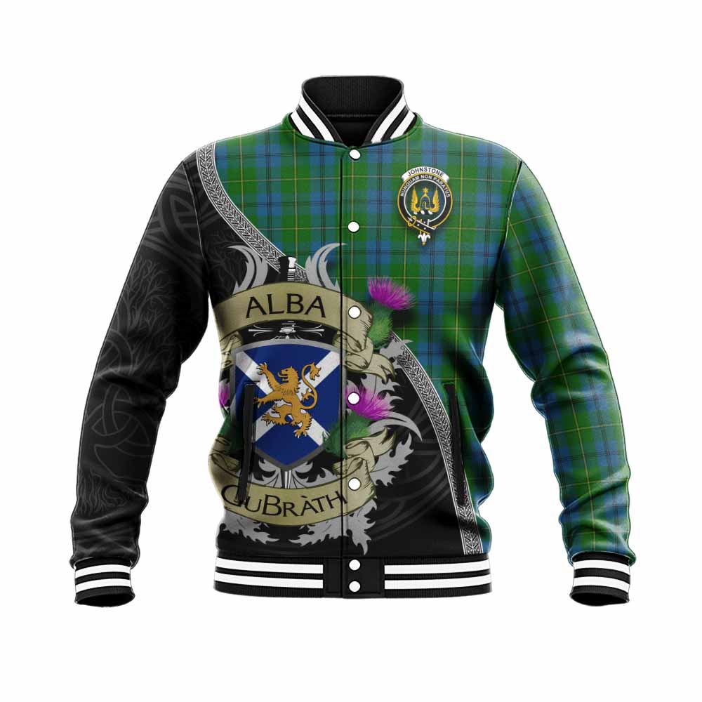 Tartan Vibes Clothing Johnstone (Johnston) Tartan Family Crest Baseball Jacket Lion Rampant Royal Thistle Shield Celtic Inspired
