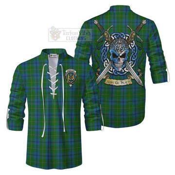 Tartan Vibes Clothing Johnstone (Johnston) Tartan Ghillie Kilt Shirt with Family Crest Celtic Skull Style
