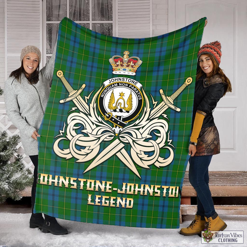 Tartan Vibes Clothing Johnstone-Johnston Tartan Blanket with Clan Crest and the Golden Sword of Courageous Legacy