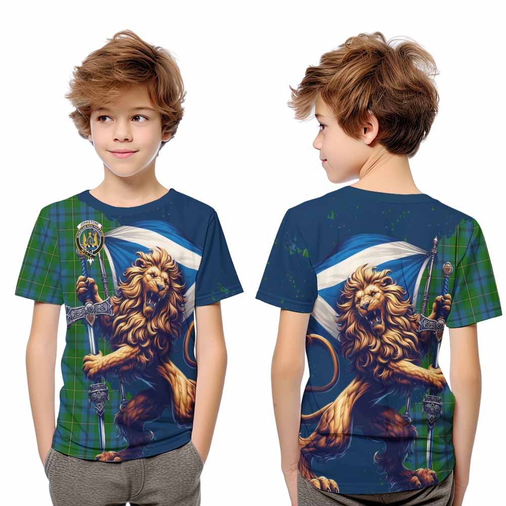 Tartan Vibes Clothing Johnstone (Johnston) Tartan Family Crest Kid T-Shirt with Scottish Majestic Lion