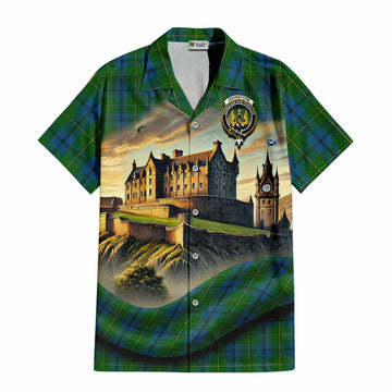 Tartan Vibes Clothing Johnstone (Johnston) Tartan Family Crest Short Sleeve Button Shirt with Scottish Ancient Castle Style
