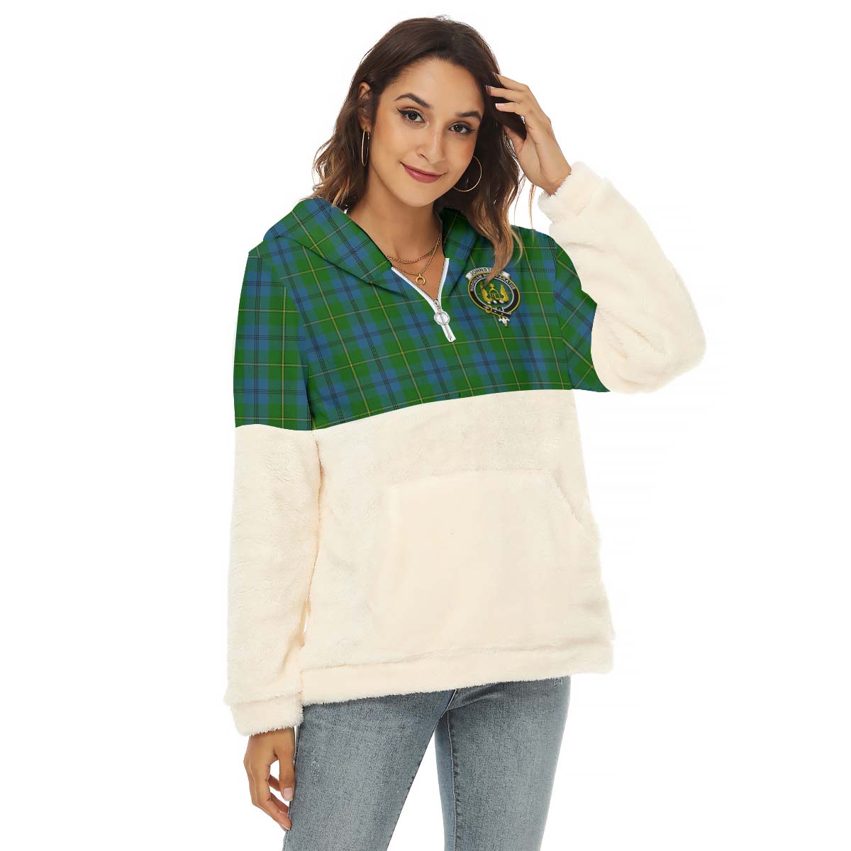 Johnstone (Johnston) Tartan Women's Borg Fleece Hoodie With Half Zip with Family Crest Female - Tartan Vibes Clothing