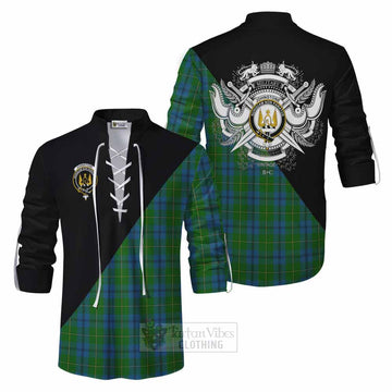 Tartan Vibes Clothing Johnstone (Johnston) Tartan Ghillie Kilt Shirt with Family Crest and Military Logo Style