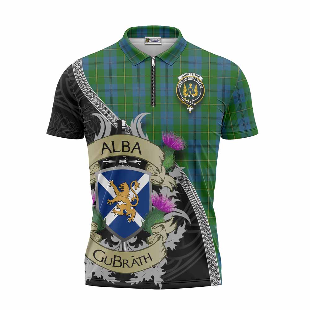 Tartan Vibes Clothing Johnstone (Johnston) Tartan Family Crest Zipper Polo Shirt Lion Rampant Royal Thistle Shield Celtic Inspired