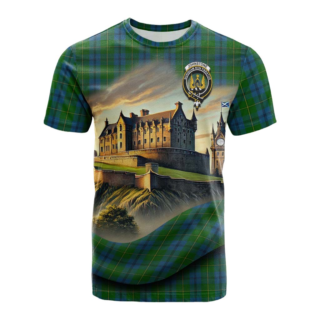 Tartan Vibes Clothing Johnstone (Johnston) Tartan Family Crest Cotton T-shirt with Scottish Ancient Castle Style