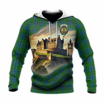 Tartan Vibes Clothing Johnstone (Johnston) Tartan Family Crest Knitted Hoodie with Scottish Ancient Castle Style