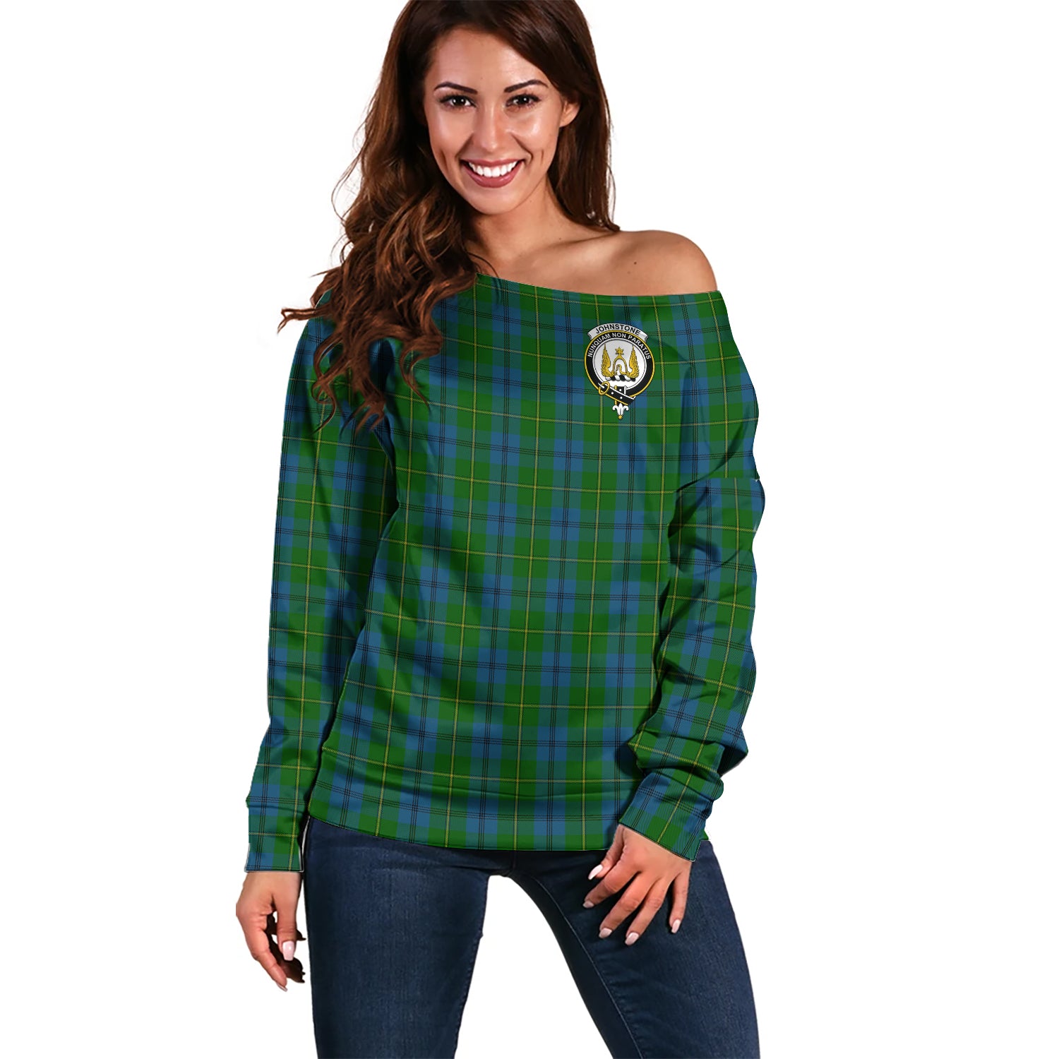 Johnstone-Johnston Tartan Off Shoulder Women Sweater with Family Crest Women - Tartanvibesclothing