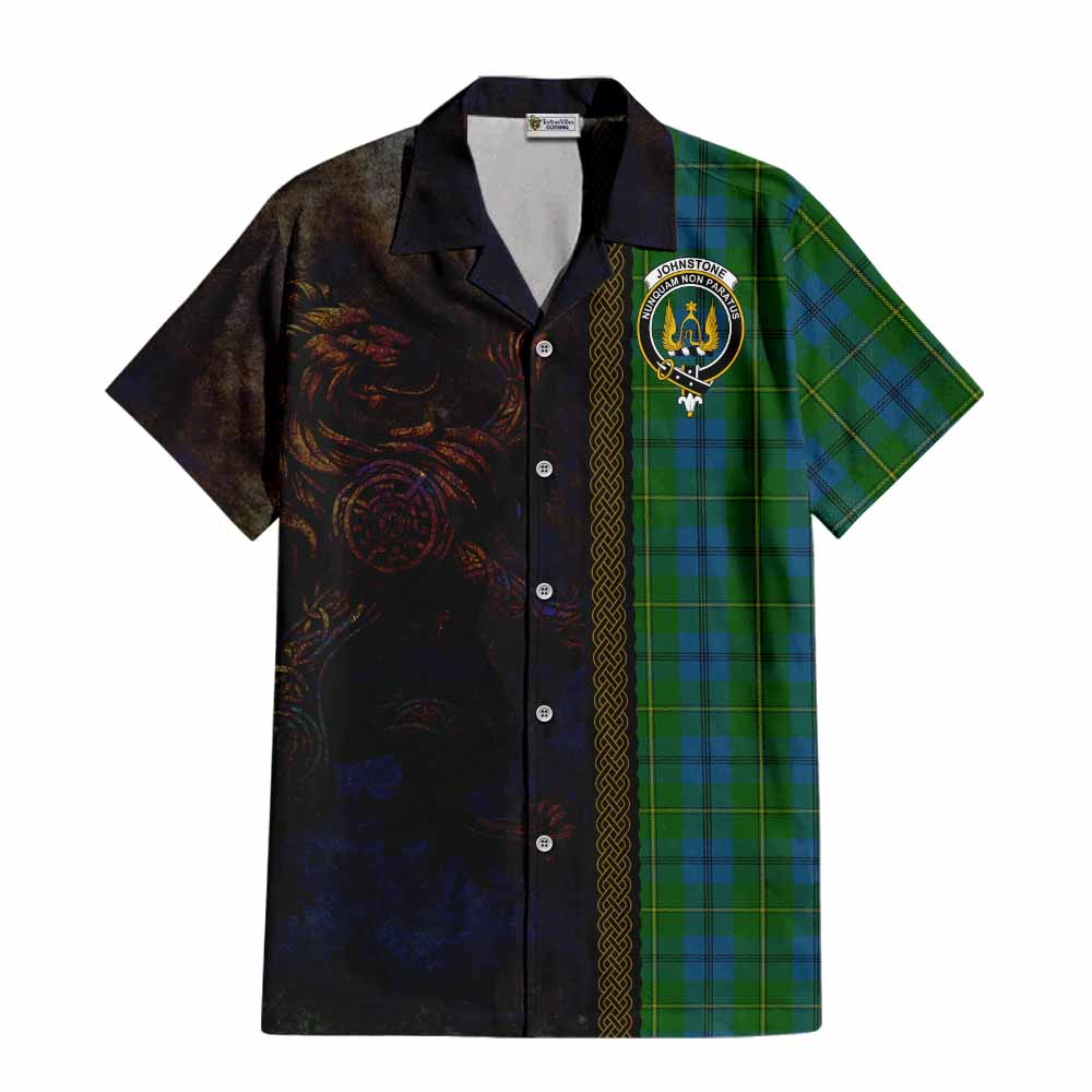 Tartan Vibes Clothing Johnstone (Johnston) Tartan Family Crest Short Sleeve Button Shirt Alba Gu Brath Be Brave Lion Ancient Style