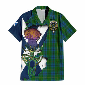 Tartan Vibes Clothing Johnstone (Johnston) Tartan Family Crest Short Sleeve Button Shirt Scottish Thistle Celtic Inspired