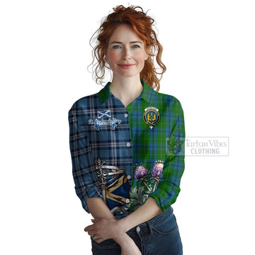 Tartan Vibes Clothing Johnstone (Johnston) Tartan Women's Casual Shirt Happy St. Andrew's Day Half Tartan Style