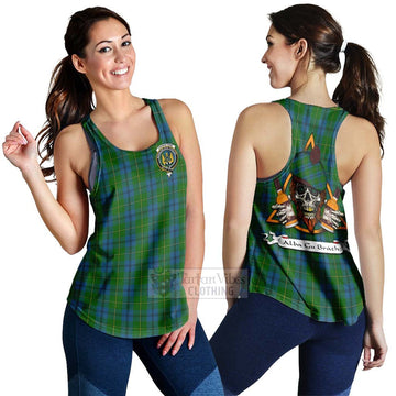 Tartan Vibes Clothing Johnstone (Johnston) Tartan Women's Racerback Tanks with Family Crest and Bearded Skull Holding Bottles of Whiskey