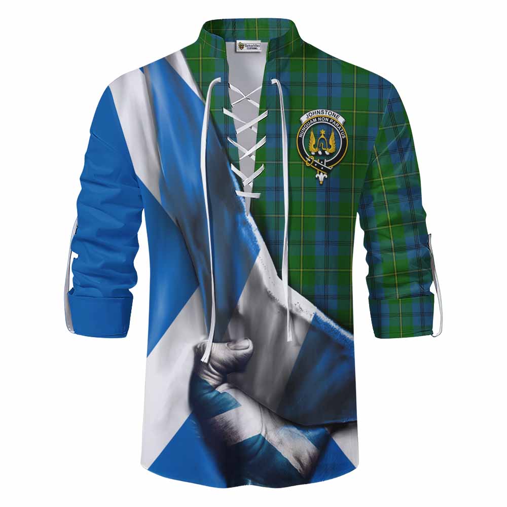 Tartan Vibes Clothing Johnstone (Johnston) Tartan Ghillie Kilt Shirt with Family Crest Scotland Patriotic Style