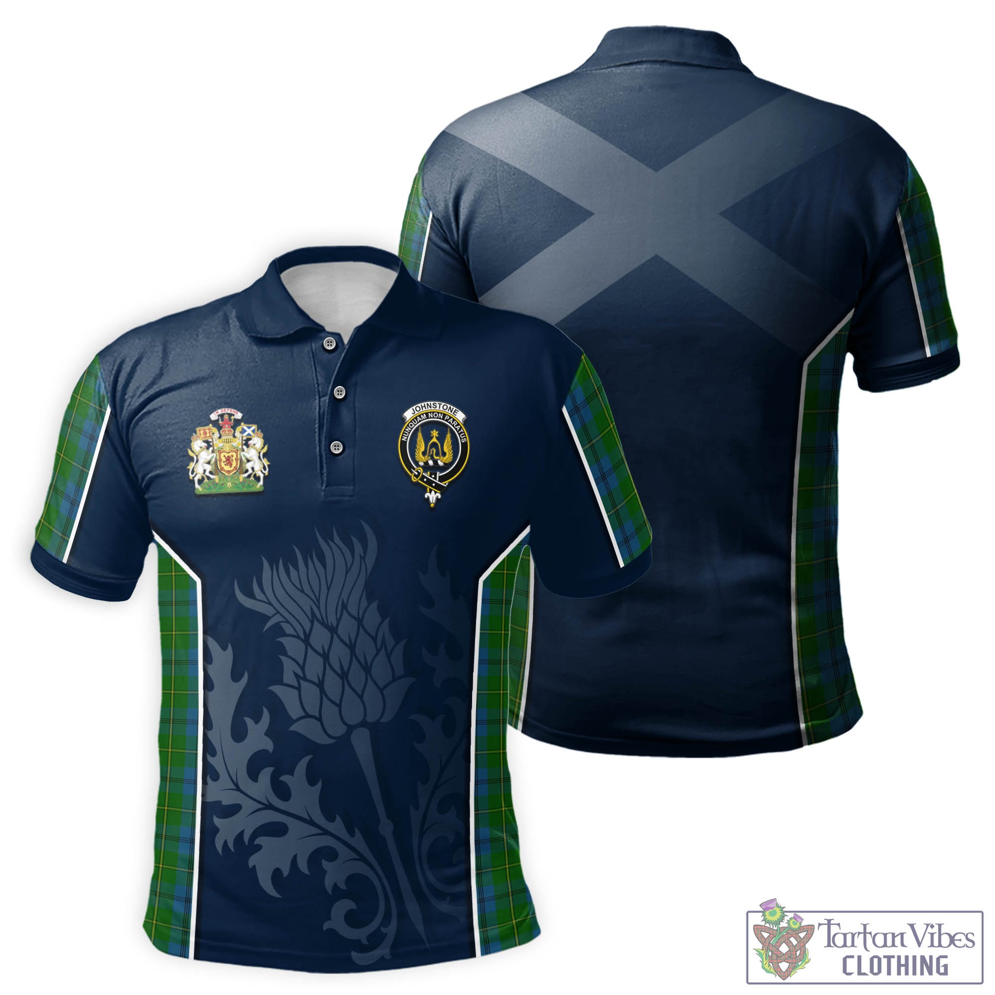 Tartan Vibes Clothing Johnstone-Johnston Tartan Men's Polo Shirt with Family Crest and Scottish Thistle Vibes Sport Style