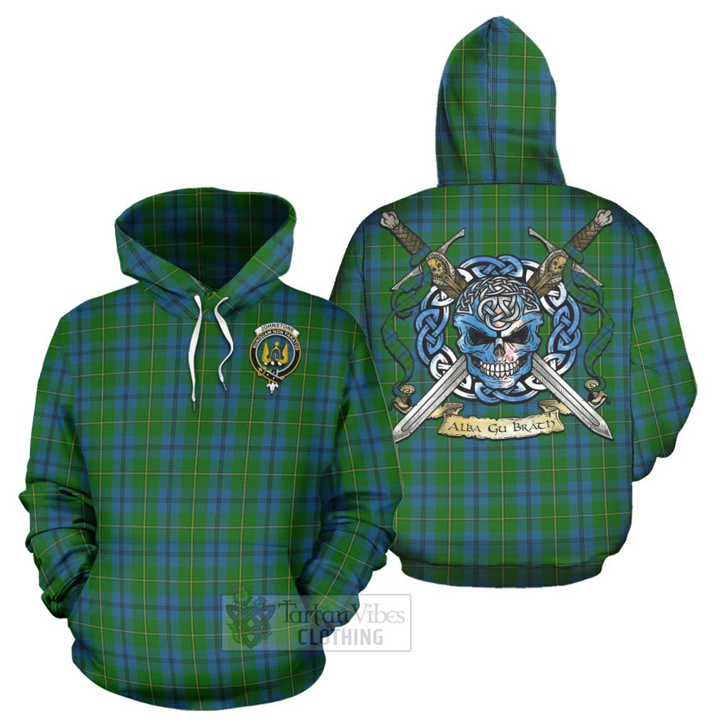 Tartan Vibes Clothing Johnstone (Johnston) Tartan Hoodie with Family Crest Celtic Skull Style