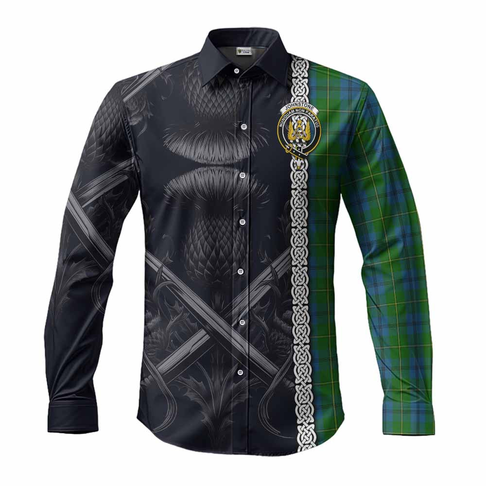 Tartan Vibes Clothing Johnstone (Johnston) Tartan Long Sleeve Button Shirt with Family Crest Cross Sword Thistle Celtic Vibes