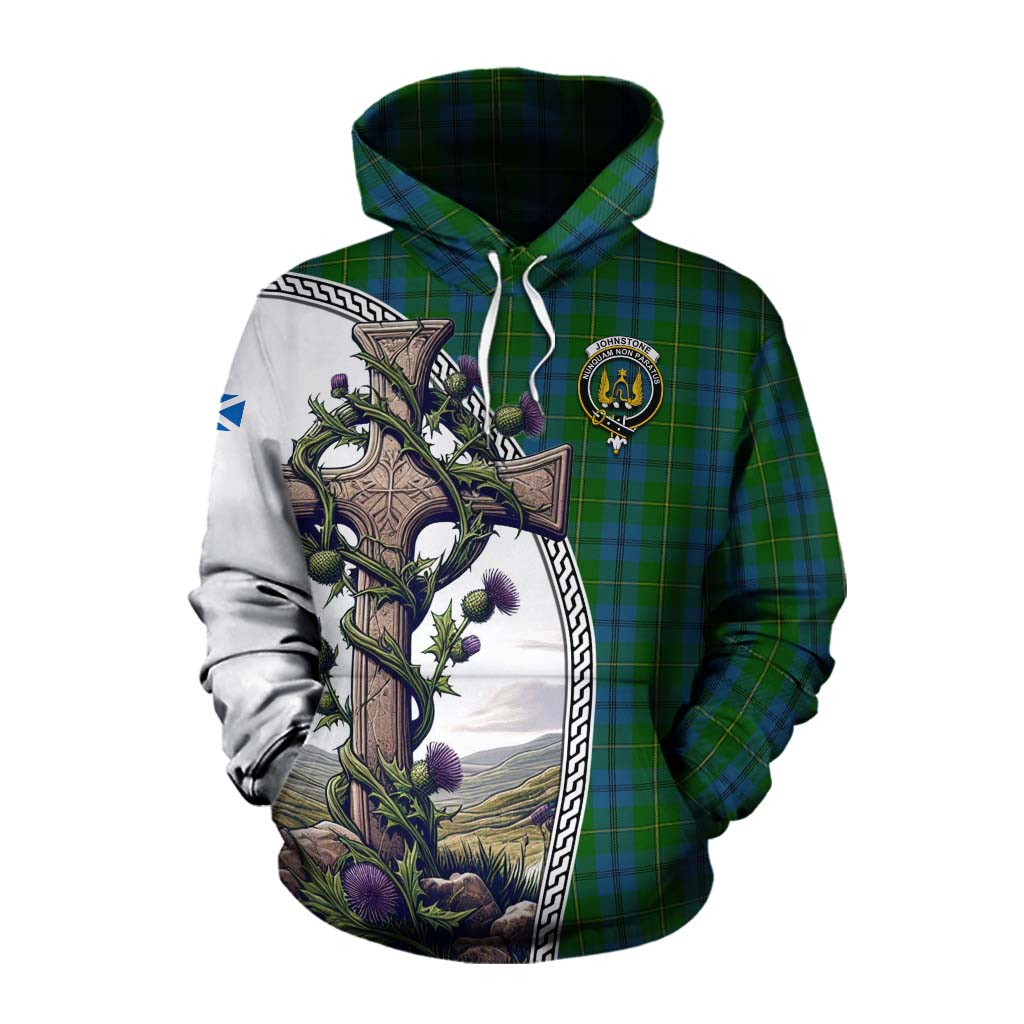 Tartan Vibes Clothing Johnstone (Johnston) Tartan Cotton Hoodie with Family Crest and St. Andrew's Cross Accented by Thistle Vines