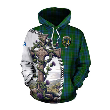Tartan Vibes Clothing Johnstone (Johnston) Tartan Cotton Hoodie with Family Crest and St. Andrew's Cross Accented by Thistle Vines