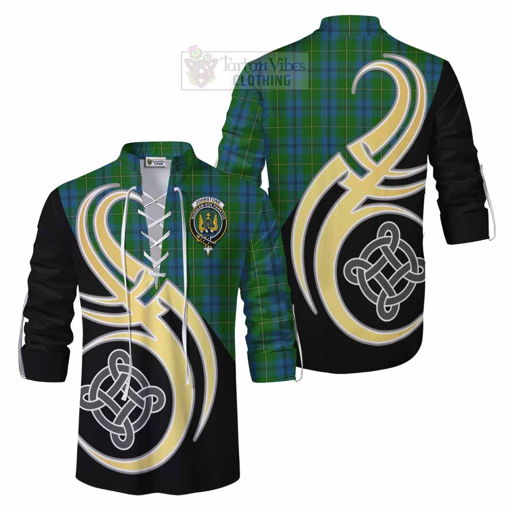 Tartan Vibes Clothing Johnstone (Johnston) Tartan Ghillie Kilt Shirt with Family Crest and Celtic Symbol Style