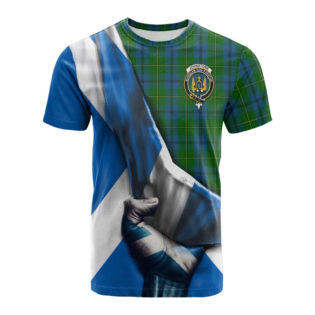 Tartan Vibes Clothing Johnstone (Johnston) Tartan Cotton T-shirt with Family Crest Scotland Patriotic Style