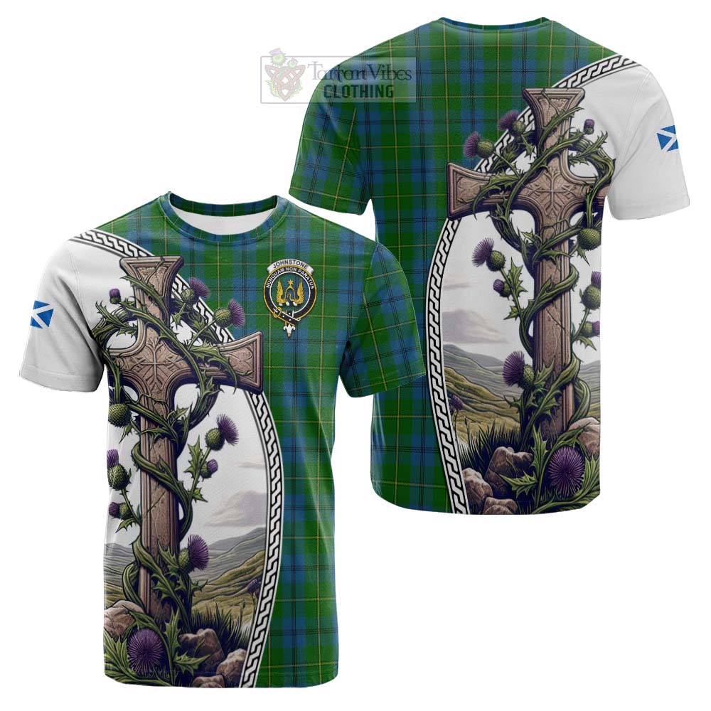 Tartan Vibes Clothing Johnstone (Johnston) Tartan Cotton T-shirt with Family Crest and St. Andrew's Cross Accented by Thistle Vines