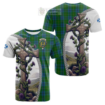 Tartan Vibes Clothing Johnstone (Johnston) Tartan Cotton T-shirt with Family Crest and St. Andrew's Cross Accented by Thistle Vines