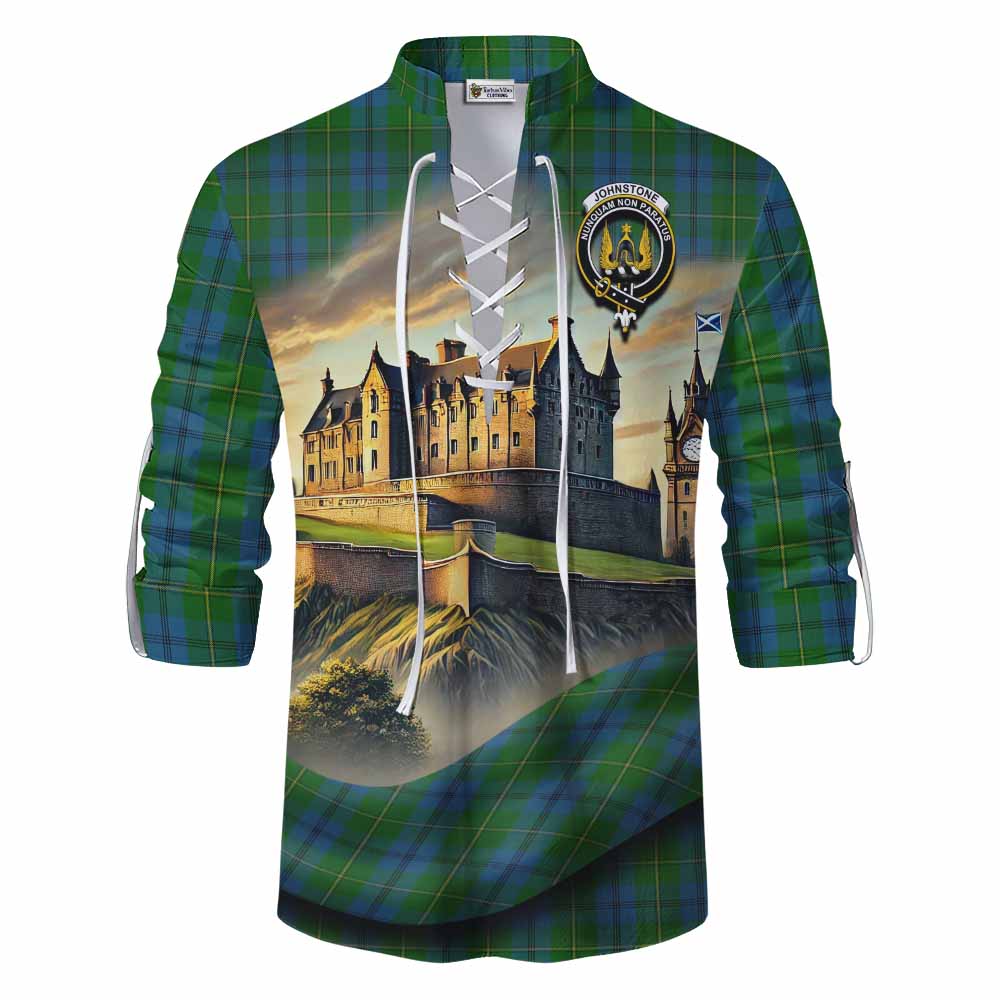 Tartan Vibes Clothing Johnstone (Johnston) Tartan Family Crest Ghillie Kilt Shirt with Scottish Ancient Castle Style