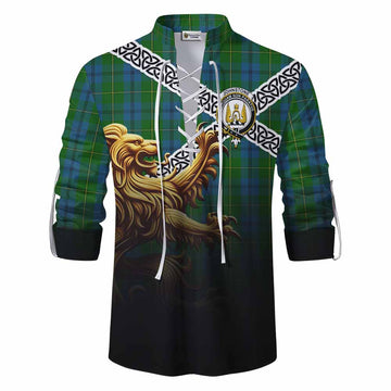 Johnstone (Johnston) Crest Tartan Ghillie Kilt Shirt with Golden Lion Emblem Celtic Style