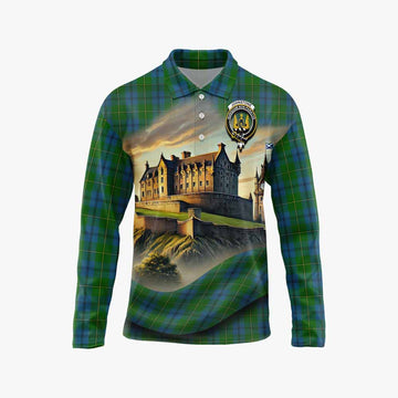 Johnstone (Johnston) Tartan Family Crest Long Sleeve Polo Shirt with Scottish Ancient Castle Style