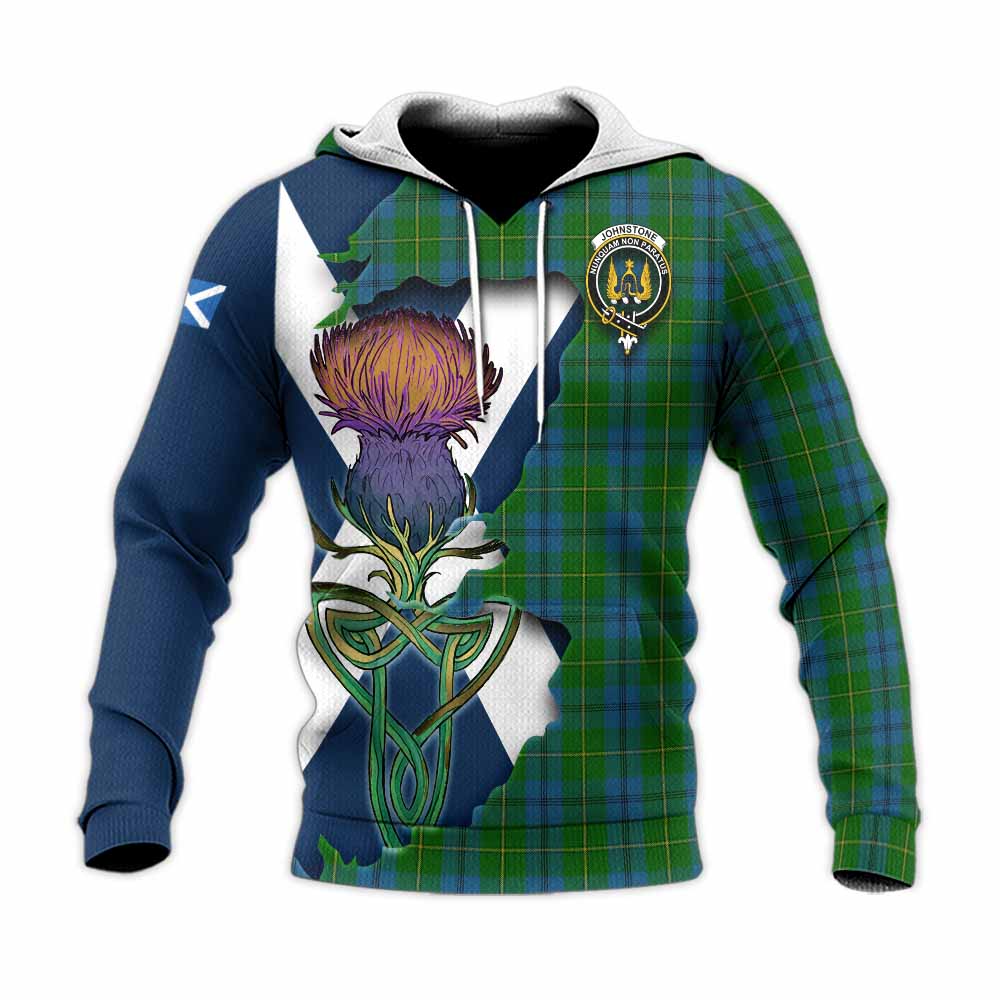 Tartan Vibes Clothing Johnstone (Johnston) Tartan Family Crest Knitted Hoodie Scottish Thistle Celtic Inspired