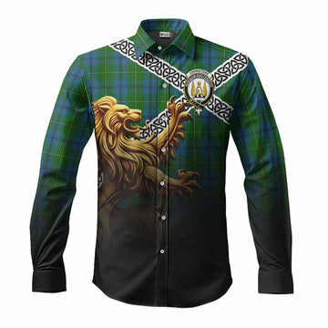 Johnstone (Johnston) Crest Tartan Long Sleeve Button Shirt with Golden Lion Emblem Celtic Style