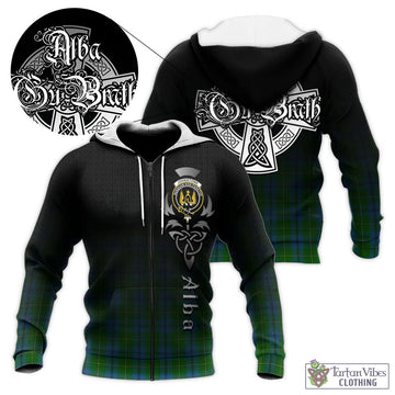 Johnstone Tartan Knitted Hoodie Featuring Alba Gu Brath Family Crest Celtic Inspired