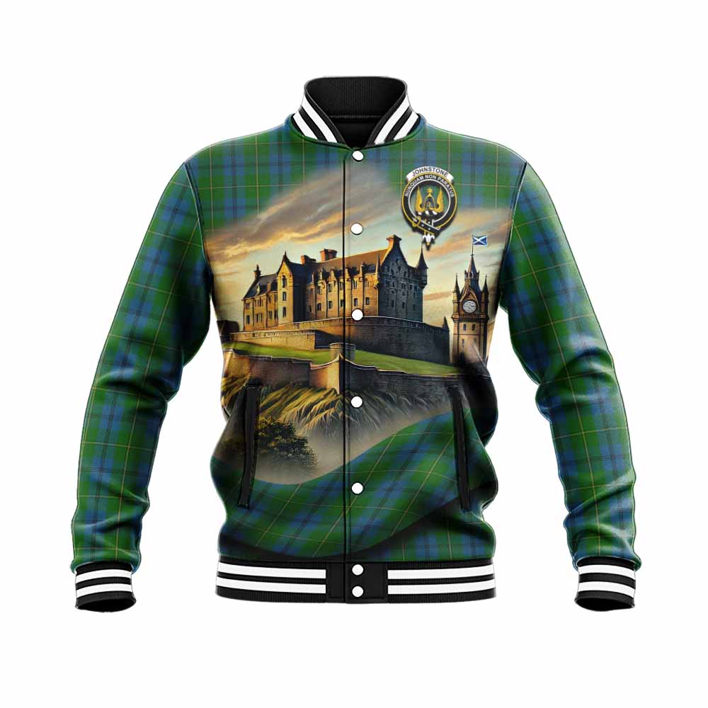 Tartan Vibes Clothing Johnstone (Johnston) Tartan Family Crest Baseball Jacket with Scottish Ancient Castle Style