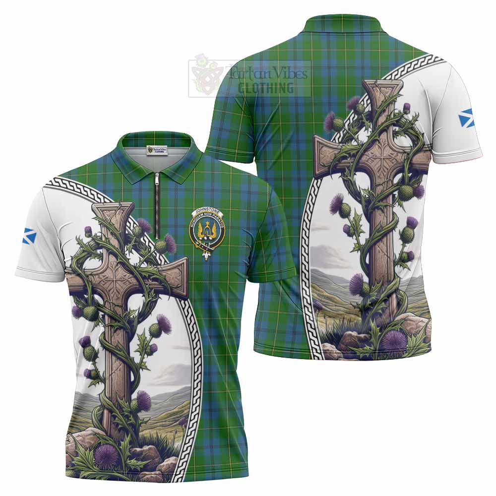 Tartan Vibes Clothing Johnstone (Johnston) Tartan Zipper Polo Shirt with Family Crest and St. Andrew's Cross Accented by Thistle Vines