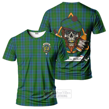 Tartan Vibes Clothing Johnstone (Johnston) Tartan T-Shirt with Family Crest and Bearded Skull Holding Bottles of Whiskey