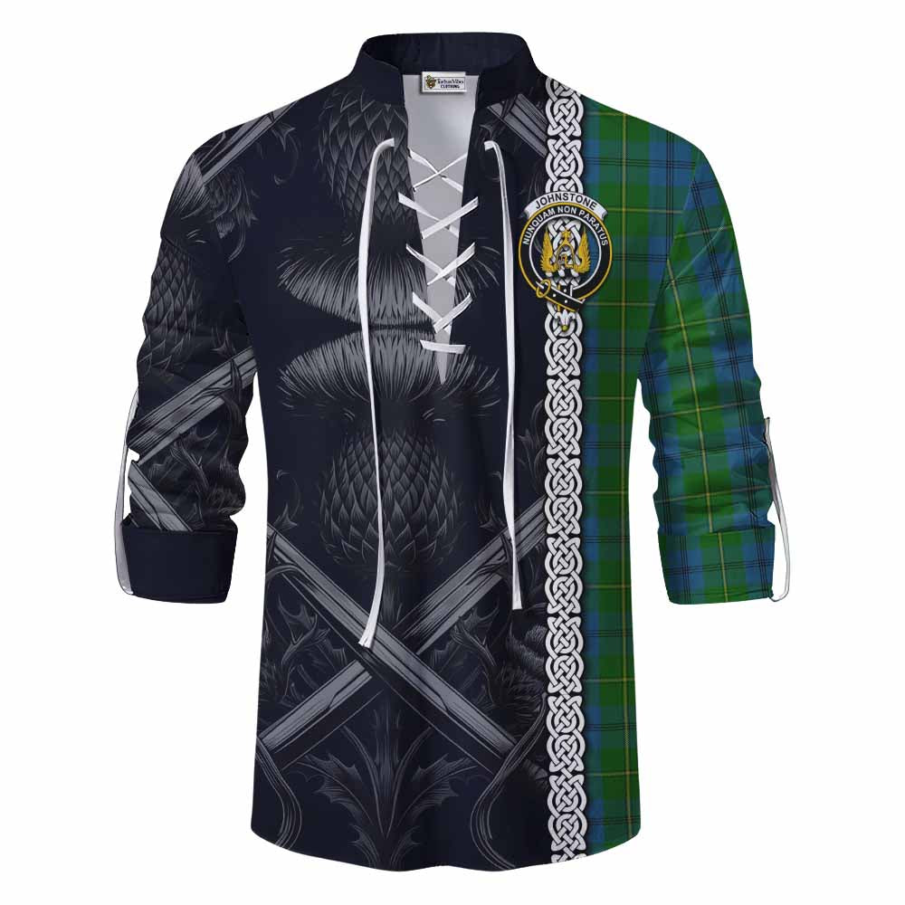 Tartan Vibes Clothing Johnstone (Johnston) Tartan Ghillie Kilt Shirt with Family Crest Cross Sword Thistle Celtic Vibes